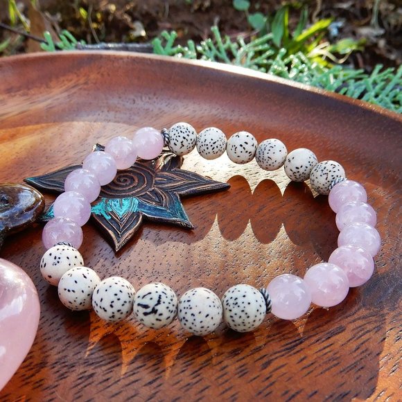 Universal Love Enlightenment Gemstone Mala Bracelet/Rose Quartz/Bodhi Seed Beads - Picture 2 of 3